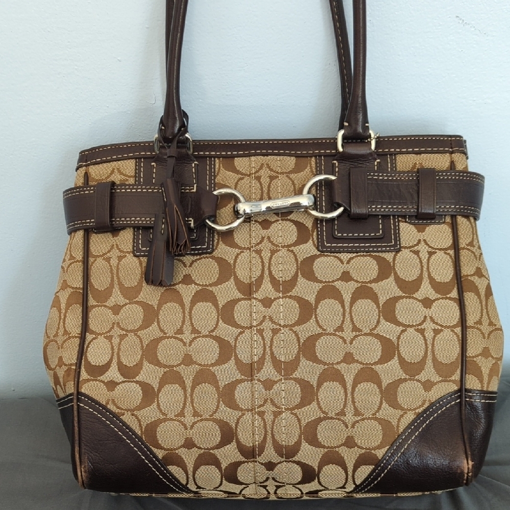 Coach Brown Monogram Shoulder Bag with Leather Trim